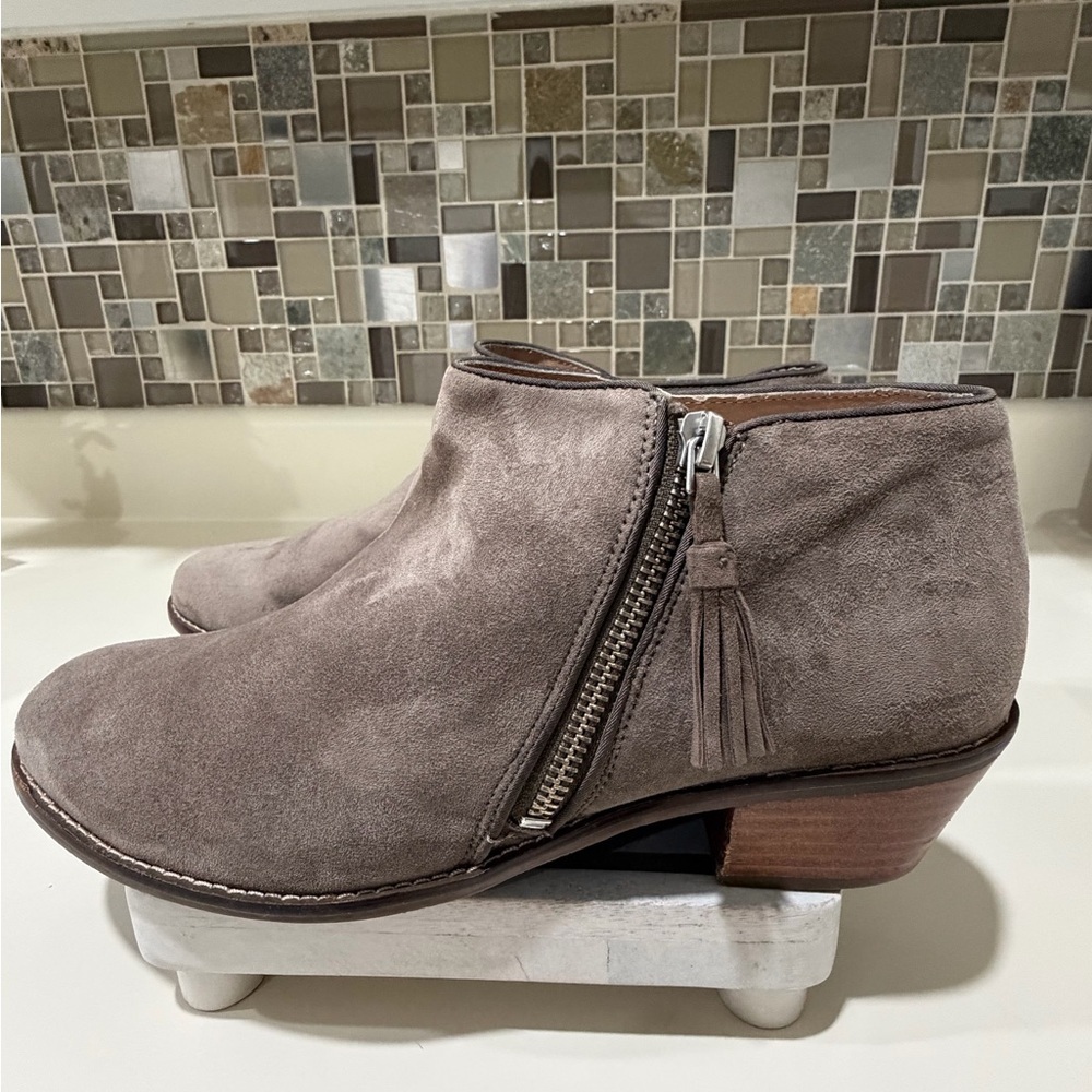 Vionic Taupe Suede Ankle Booties with Tassel Zip - Picture 3 of 11